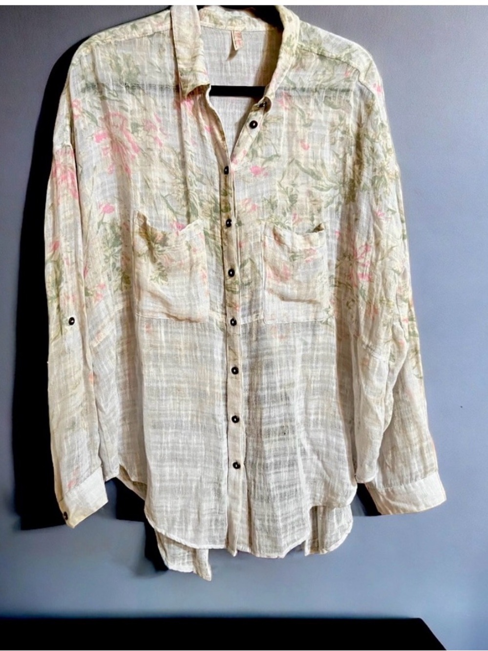 Free People Cream Linen-Blend Button Down with Pink & Green Floral